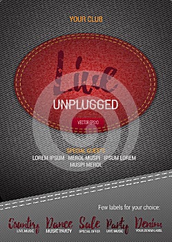 Live Unplugged Music flyer or banner with denim background.