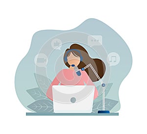 Live webcast in flat style with people. Listen to podcast. Flat illustration. Vector illustration