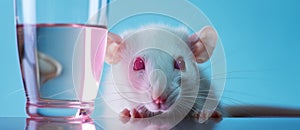 A live white laboratory experimental mouse sits on pills.