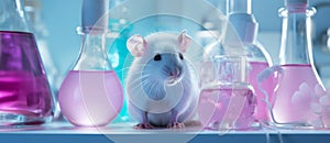 A live white laboratory experimental mouse sits on pills.