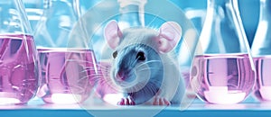 A live white laboratory experimental mouse sits on pills.