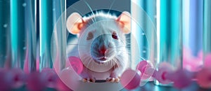 A live white laboratory experimental mouse sits on pills.