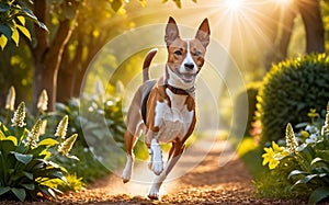A lively and adorable Basenji dog is happily running in the garden!