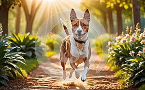 A lively and adorable Basenji dog is happily running in the garden!