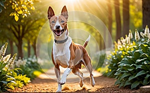 A lively and adorable Basenji dog is happily running in the garden!