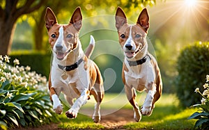 A lively and adorable Basenji dog is happily running in the garden!