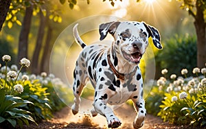 A lively and adorable Dalmatian dog is happily running in the garden!