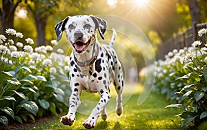 A lively and adorable Dalmatian dog is happily running in the garden!