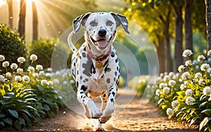 A lively and adorable Dalmatian dog is happily running in the garden!