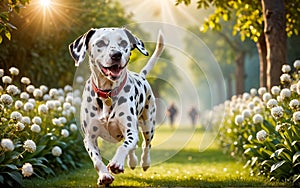 A lively and adorable Dalmatian dog is happily running in the garden!