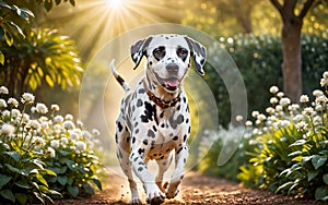 A lively and adorable Dalmatian dog is happily running in the garden!