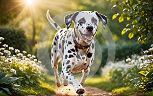 A lively and adorable Dalmatian dog is happily running in the garden!