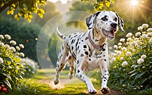 A lively and adorable Dalmatian dog is happily running in the garden!
