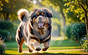 A lively and adorable Tibetan Mastiff dog is happily running in the garden!