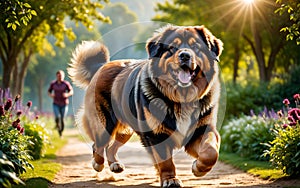 A lively and adorable Tibetan Mastiff dog is happily running in the garden!