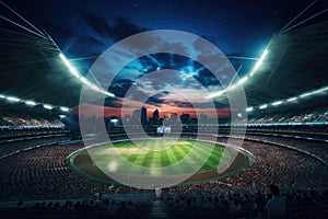 A lively baseball stadium filled with enthusiastic spectators enjoying a thrilling game, Stadium of cricket night, AI Generated