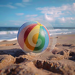 Lively beach ball rests on sandy shore, evoking summer fun