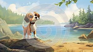 Lively Beagle Dog In Childlike 2d Game Art - Detailed Brushwork By Kevin Hill