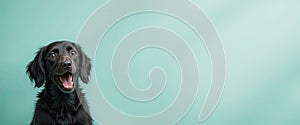 AI-generated excited black Labrador retriever puppy portrait with wide open mouth and joyful expression on pastel green background photo