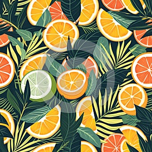 A lively burst of citrus and greenery, this seamless pattern features a dense jungle of tropical leaves and bright