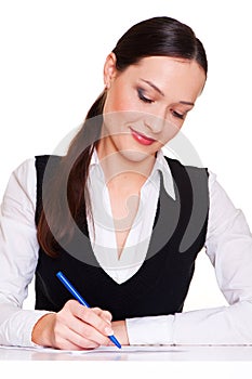 Lively businesswoman writing photo