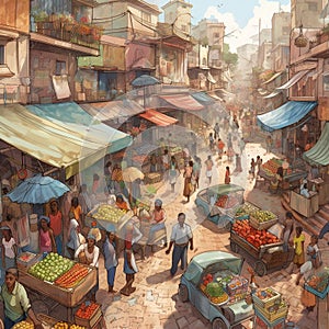 Lively, Bustling Marketplace or Street Scene with Sense of Community and Connection