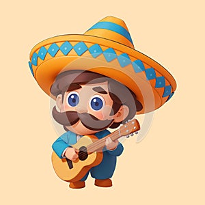 Cute Mustache Man Playing Guitar Wearing Mexican Sombrero Hat Cartoon Illustration photo