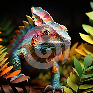 A lively chameleon, its rainbow-colored origami body blending seamlessly with a vibrant paper jungle by AI generated