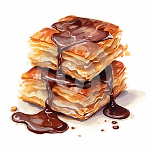 Lively Chocolate Pastry Stack Illustration With Eastern Brushwork