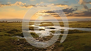 Lively Coastal Landscape: Euphrates River Flowing Through Grass At Sunset