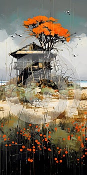 Lively Coastal Landscape Painting Of Abandoned House With Tree