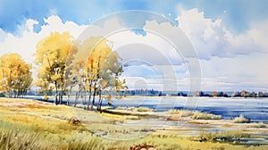 Lively Coastal Landscape: Watercolor Painting Of River Near Tree