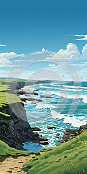 Lively Coastal Landscapes: A Detailed 2d Illustration Of Bude, Cornwall