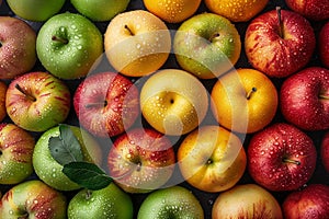 A lively collection of fresh dew-touched apples, neatly sorted by kind and hue, demonstrating the diversity of nature.