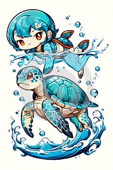 Lively and colorful cartoon girl with turtle. Irls expression exudes joy, vibrancy, suggesting carefree, whimsical