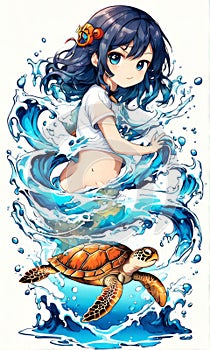 Lively and colorful cartoon girl with turtle. Irls expression exudes joy, vibrancy, suggesting carefree, whimsical