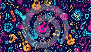 Vibrant Musical Instruments and Notes Pattern