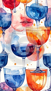 Vibrant Watercolor Cocktail Glasses Seamless Pattern