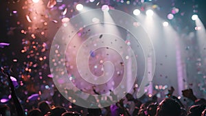 A lively crowd of people at a concert, surrounded by confetti, cheering and dancing to the music, Metallic confetti glimmering