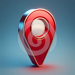 Lively 3d rendering of a glossy red map pin symbol against a sleek blue gradient background photo