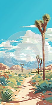 Lively Desert Adventure: Joshua Trees And Plants In Flat Perspective