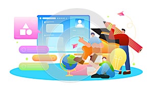 Education and teamwork with digital resources in a learning space. Vector illustration