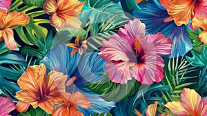 A lively and energetic design featuring tropical flowers palm leaves and vibrant colors adding a touch of exoticism photo