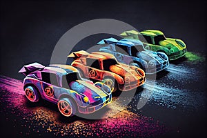 A lively and exciting scene of colorful toy racing cars speeding on a dark background, ready for action-packed fun