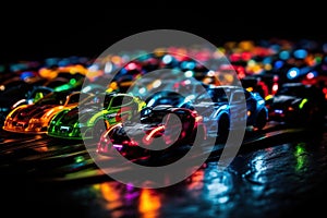 A lively and exciting scene of colorful toy racing cars speeding on a dark background, ready for action-packed fun, generative ai