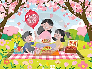 A lively family picnic scene with a Happy Mothers Day balloon among pink blossoming trees.