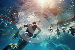 A lively group of people enjoying a refreshing swim in a pool on a sunny day, Competitors diving into the pool at a swim race