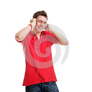 Lively guy listening music photo