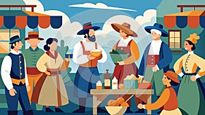 A lively and historically accurate colonial market scene with actors dressed as merchants selling goods and engaging in photo