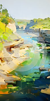 Lively Illustration Of A Lake Near A Cliffside: A Digital Painting